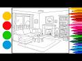 Coloring Living Room in a Calm Color Scene | Living Room in a Calm Color Scene Coloring Pages
