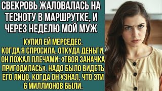 картинка: Свекровь пожаловалась на тесноту в транспорте, и сынок купил ей Мерседес за мои 6 миллионов..