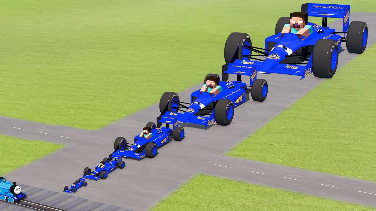 Big & Small Blue Herobrine vs F1 Lightning Mcqueen vs Trains Thomas | BeamNG.Drive