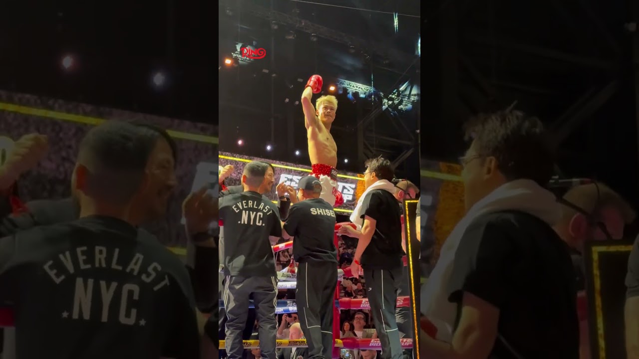Ring ambassador Hayato Tsutsumi celebrates after his TKO win 💪
