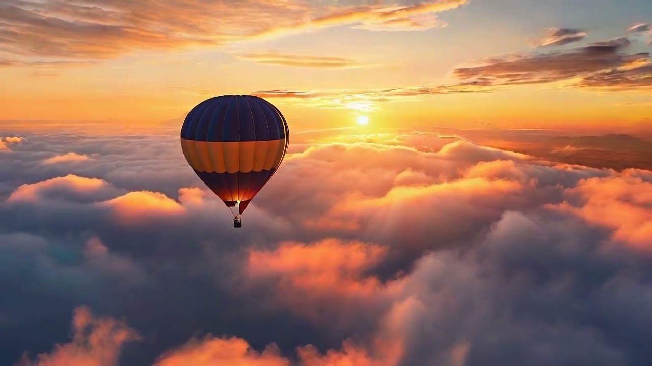 A hot air balloon floating through the clouds at sunset