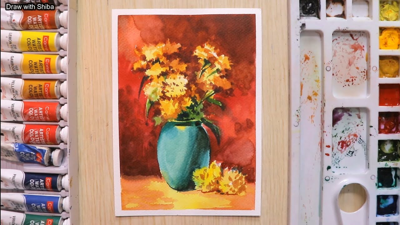 Watercolor painting tutorial of beautiful flowers and leafs - YouTube