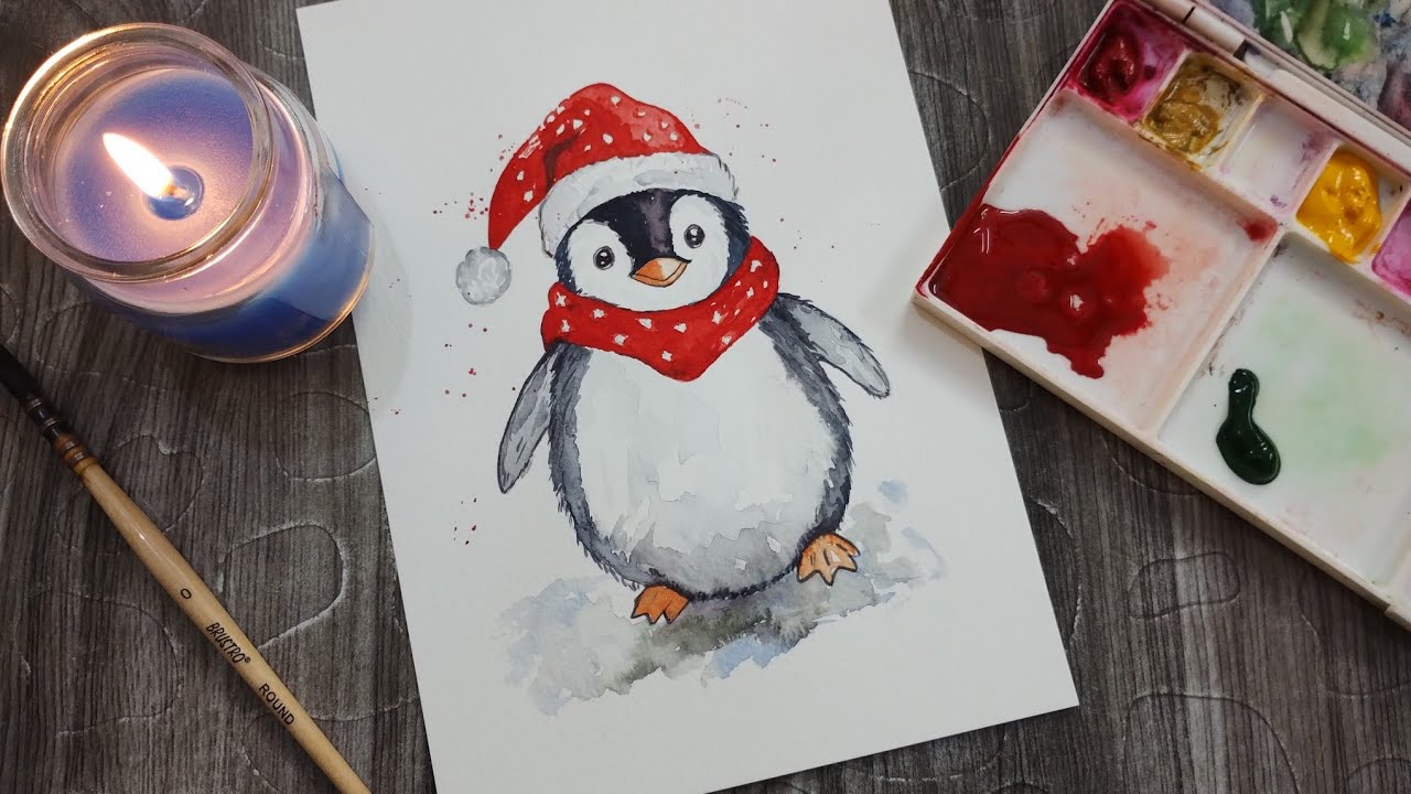 Cute Christmas Penguin Watercolor Tutorial | Easy Step-by-Step Painting for Beginners