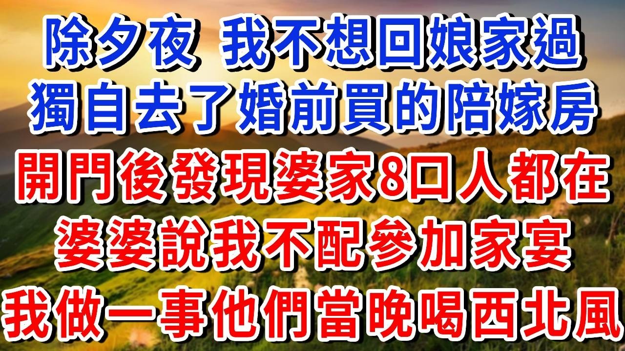 除夕夜，我不想回娘家過，獨自來到婚前500萬購置的陪嫁房，開門後卻發現婆家八口人在吃年夜飯，還說我是外人不配參加，我只做一事讓他們當晚喝西北風！ #書婷說故事#為人處世#生活經驗#情感故事