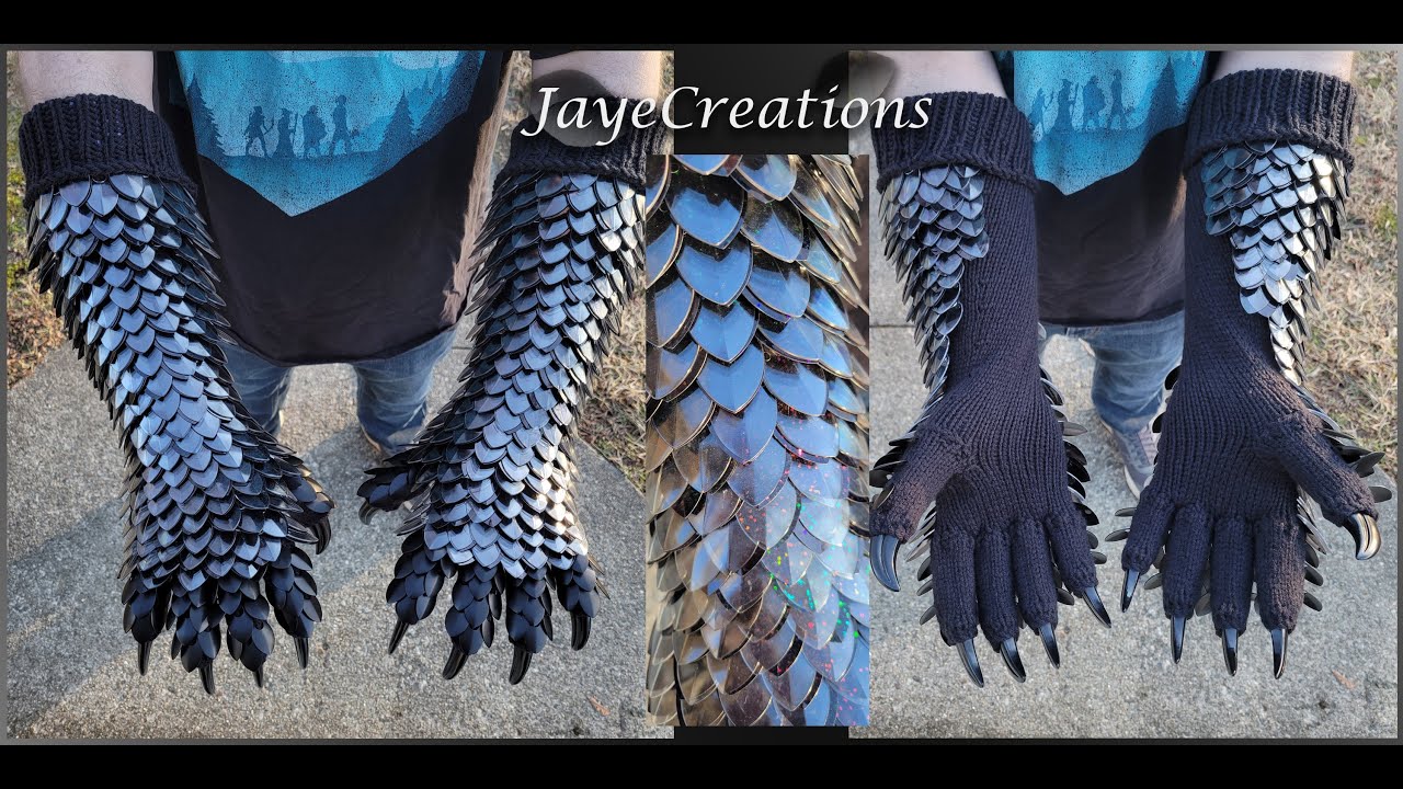 Speckled Black Holographic Dragon Scales - Knitted Scalemail Gauntlets - ASMR - JayeCreations