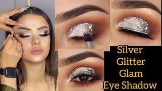 Silver Glitter Glam Eye Shadow Look for Party Makeup|| Smokey Glitter Eye Liner||Step By Step 
