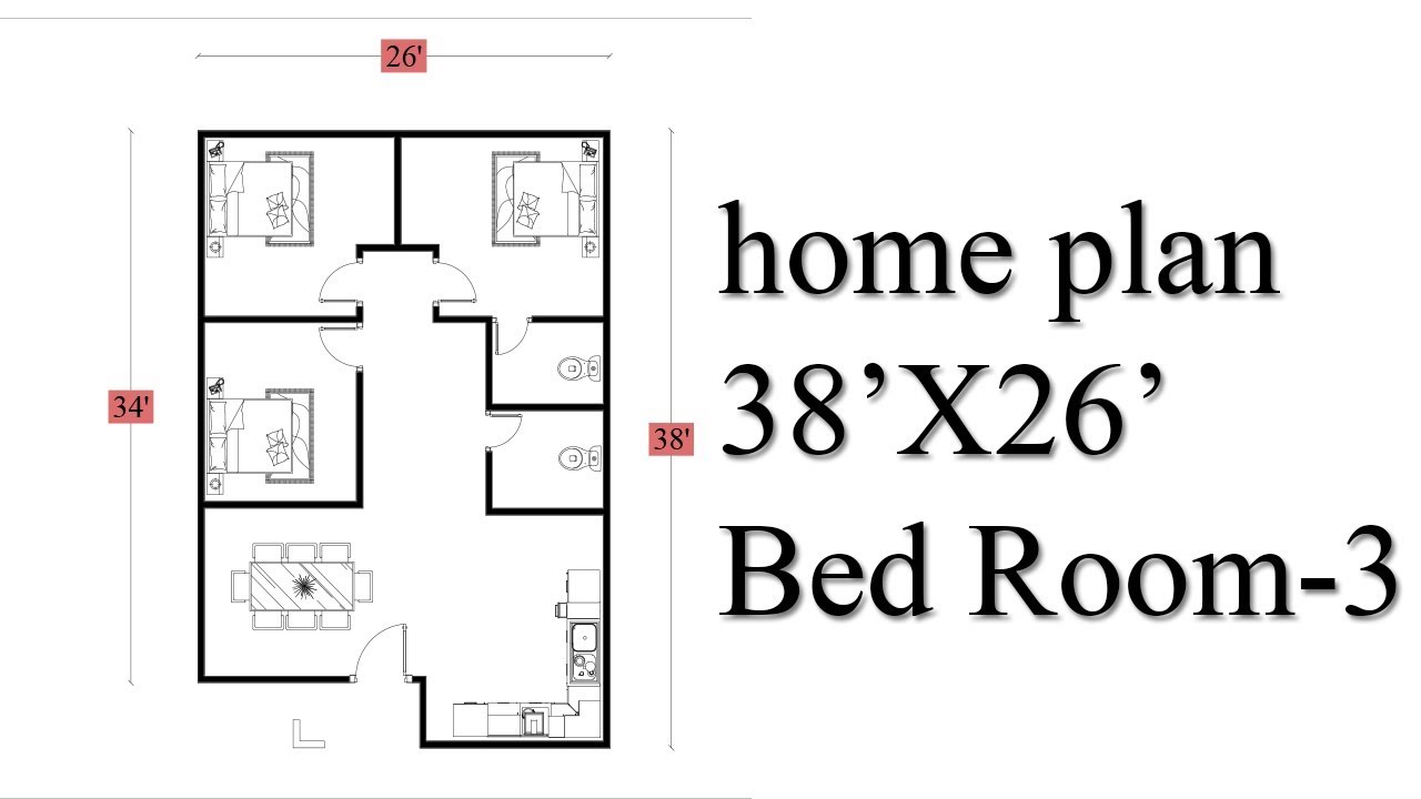 house plan design 3 bedroom ( 1000 sq ft ) home plan 38'X26' in AutoCAD