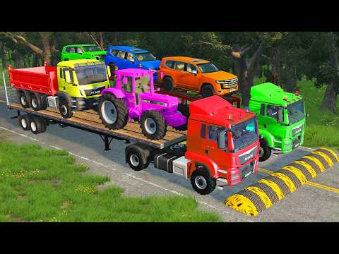 Triple Flatbed Trailer McQueen Transportation with Truck - Speedbumps vs Cars vs Train - BeamNG #33