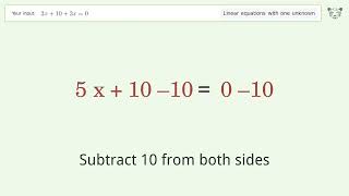 Linear equation with one unknown: Solve 2x+10+3x=0 step-by-step solution
