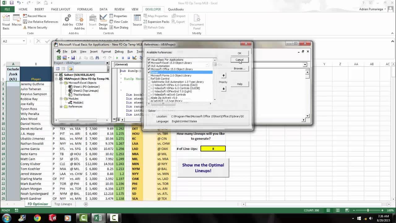 Fanduel and draftkings mlb lineup optimizers using excel solver youtube