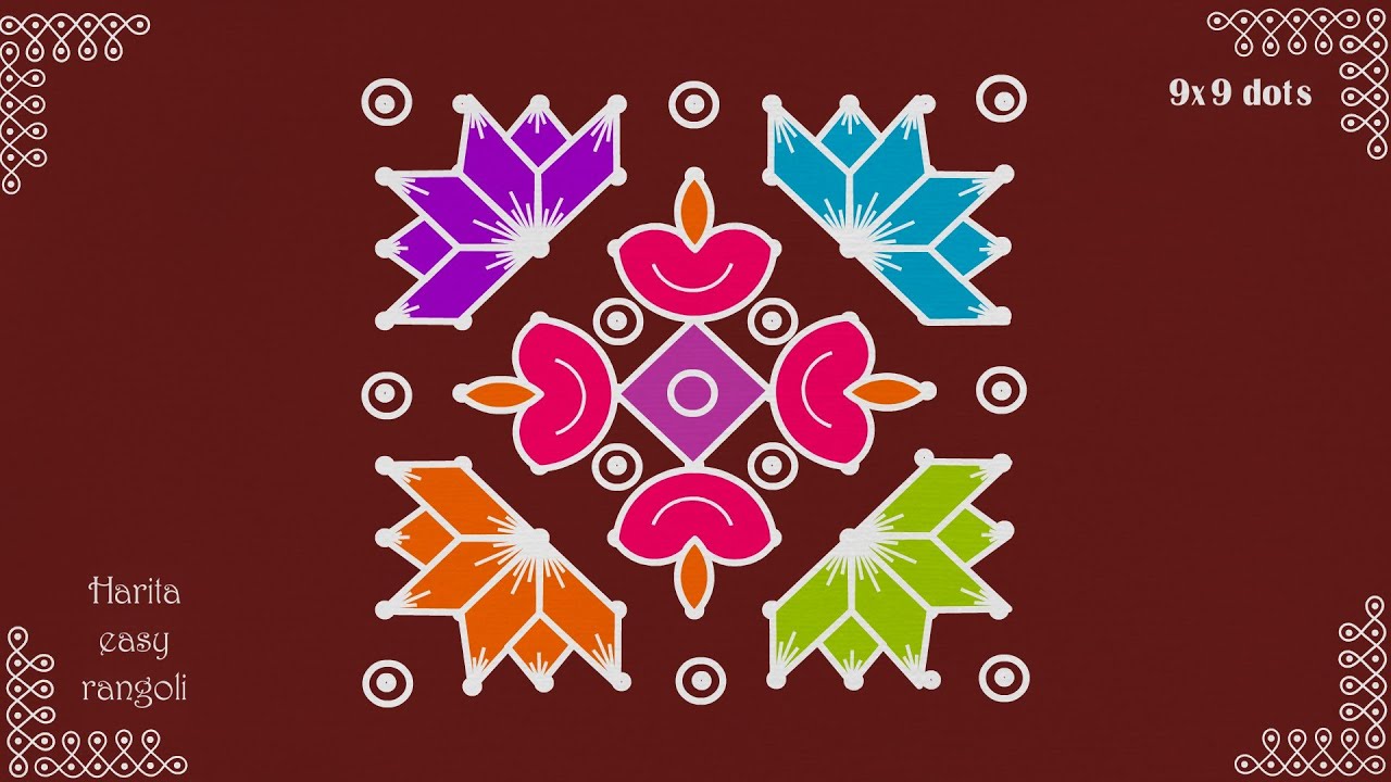 Easy deepam rangoli with 9x9 dots | Easy rangoli for beginners - YouTube
