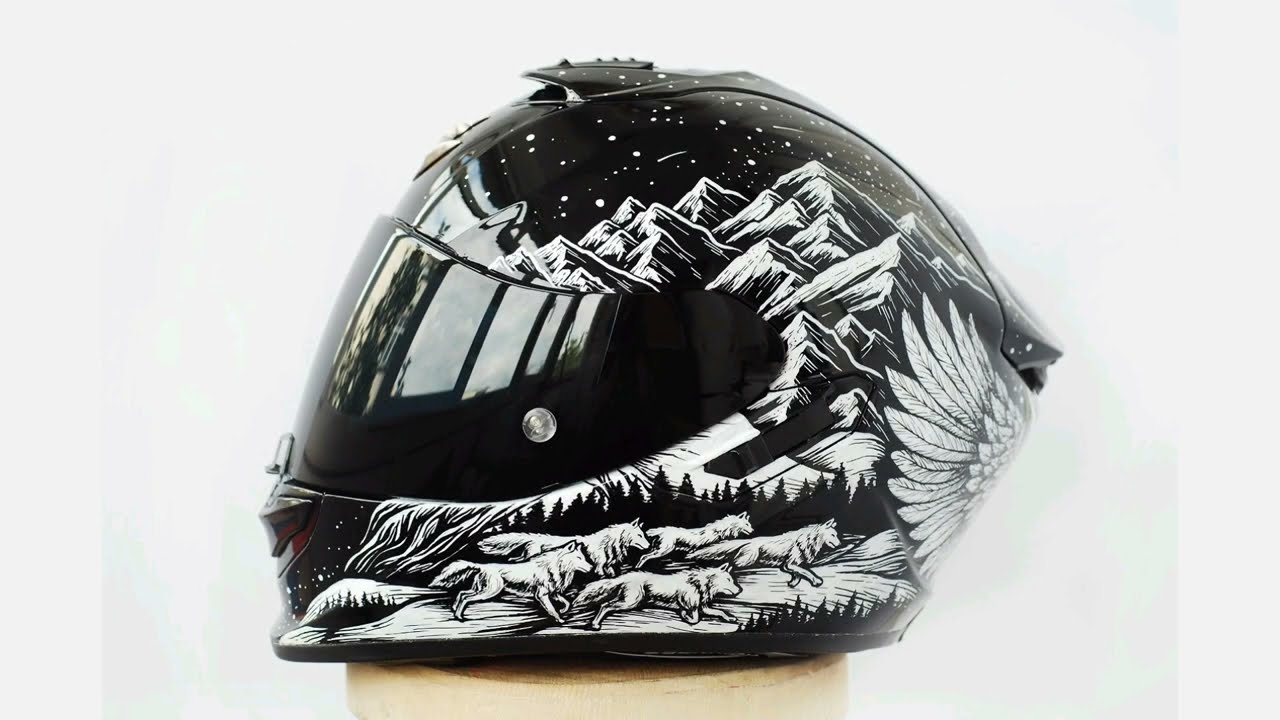 Mountains, Wolves, Ravens, Vikings Custom Hand-Painted Moto Helmet | Before&after