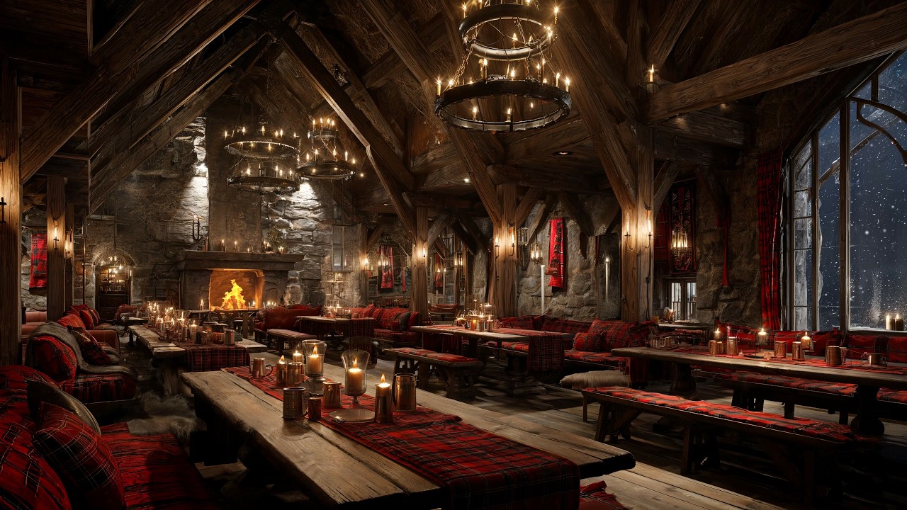 Cozy Scottish Highland Pub Ambience 🔥 Fireplace & Snowy Night | Relaxing Celtic Music | 4K