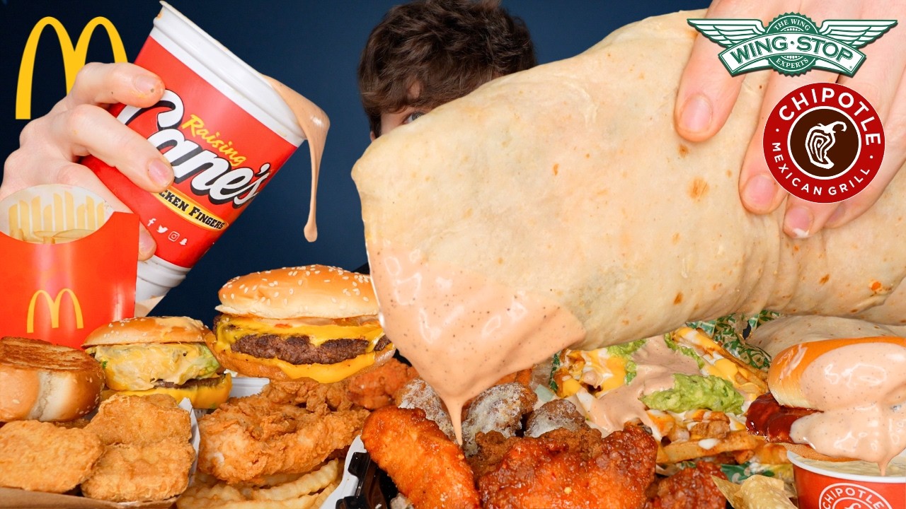 ASMR MUKBANG EXTRA CANES SAUCE GIANT CHIPOTLE BURRITO BIG MAC BURGERS WINGSTOP CHICKEN CHEESE FRIES