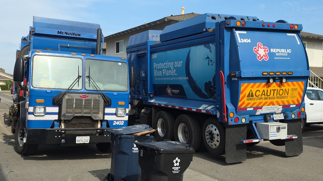 Republic Services: Four Peterbilt 520 McNeilus ASL Garbage Trucks on Huntington Beach Trash!