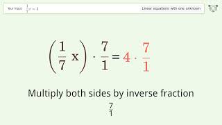 Linear equation with one unknown: Solve 1/7x=4 step-by-step solution