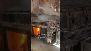 Man is throwing wood into an evaporator to make wood fired Vermont maple syrup!