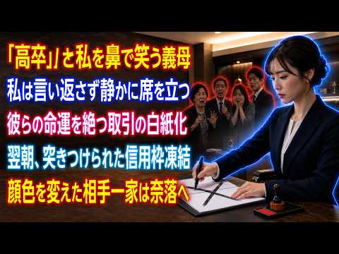 顔合わせで高卒だからと私を人前で侮辱した義母。私は言い返さず、大型取引契約を白紙に戻し、信用枠の再審査に入れた。翌日、義実家の会社は資金繰りに追われ、顔色を変えた相手一家は奈落へ落ちた