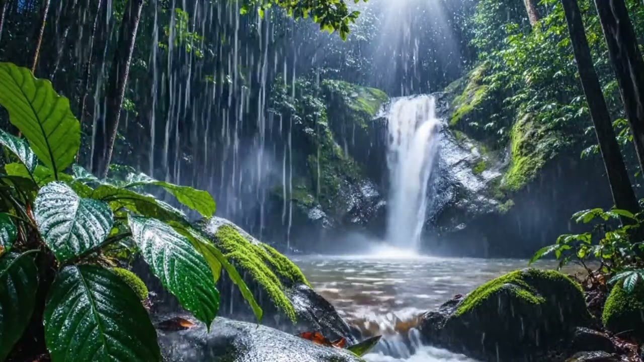 ASMR Sleep Rain in a Tropical Forest at Night | Relaxing Waterfall Ambience for Deep Sleep