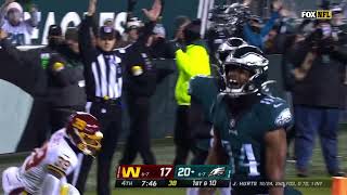 Philadelphia Eagles Jalen Hurts with a Back Shoulder pass to Greg Ward
