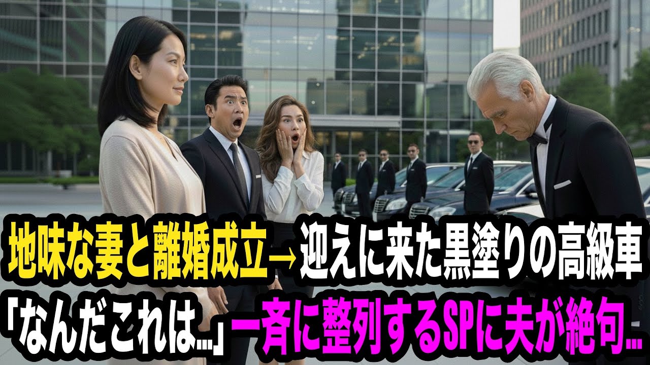地味な妻と離婚成立→迎えに来たのは黒塗りの高級車...「な、なんだこれは...」一斉に整列するSPに夫が絶句...彼女の正体は実は⎯