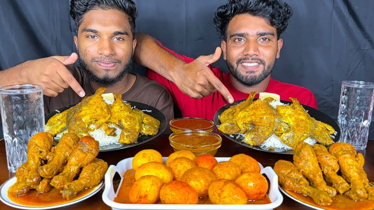Spicy chicken curry, egg curry and fish fry with rice eating show, eating challenge, food eating