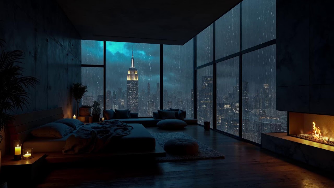 Peaceful Rainy Night At City Ambience🌧️Cozy Bedroom With Rain On Window & Fireplace Sounds For Sleep