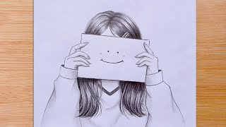 A girl hides her emotions with a smiley face emoji - Pencil Sketch  || How to draw - step by step