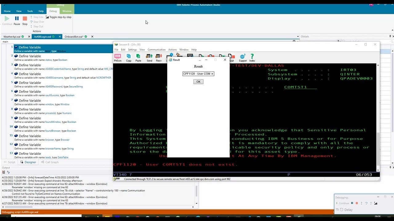 RPA Login to AS400 using IBM PComm