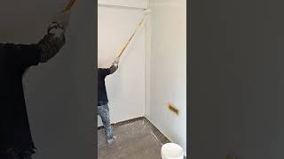 Painting the interior room walls white using a long extension pole roller brush during house