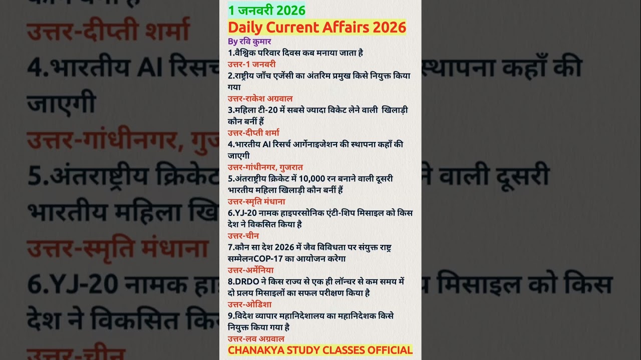 टॉप -10 कर्रेंट अफेयर्स 2026#1 जनवरी 