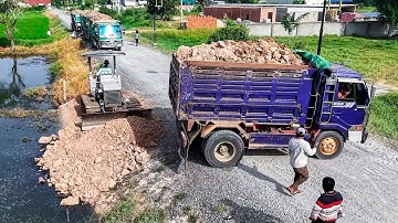 NICELY! START Project LANDFILL By Expert Driver  5T Trucks Unloading Rocksoil &DozerPushing SoilRock