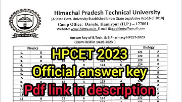 HPCET 2023 Answer Key for B.tech and B.pharma // HPTU HPCET 2023 official answer key