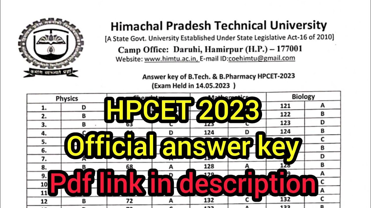 HPCET 2023 Answer Key for B.tech and B.pharma // HPTU HPCET 2023 official answer key
