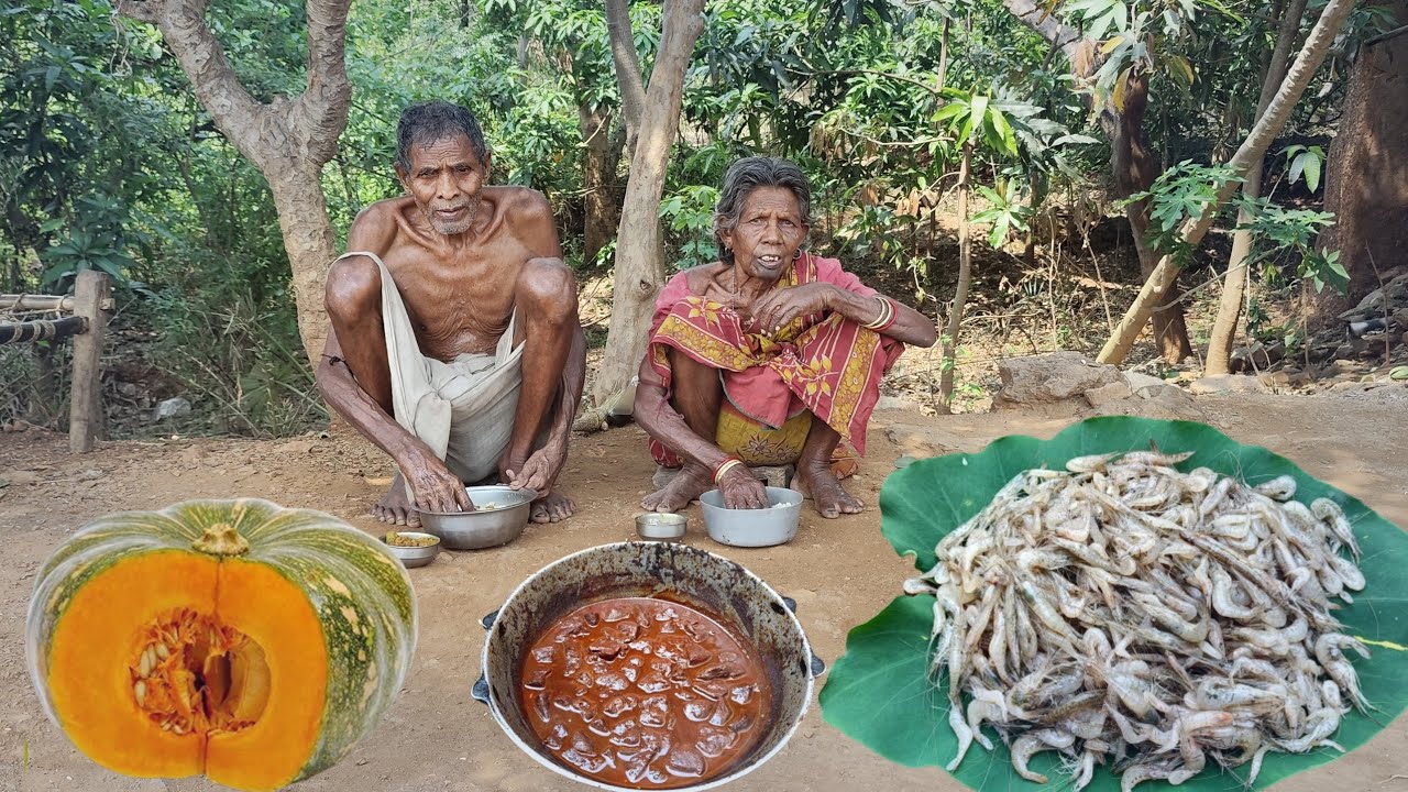 100years old grandma cooking SHRIMP FISH with PUMPKIN curry and eating || hard life of TRIBE people