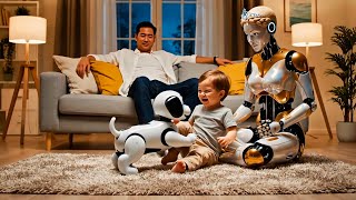 Dad and Robot Babysitter Surprise Baby with a Cute Robot Puppy