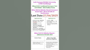 Bihar BEd Combined Entrance Test CET 2025 Admissions 2025 Apply Online for 2 Year BEd Course#lnmu