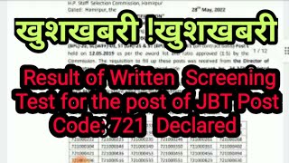 JBT commission result // Result of JBT Post Code: 721 //hpssc hamirpur