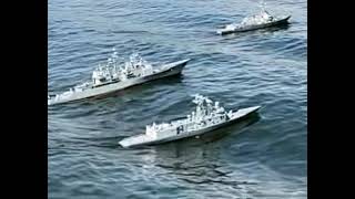 Perry, Ticonderoga, and Burke RC warships navigating some big swells. 1/100 and 1/96 scale. 
