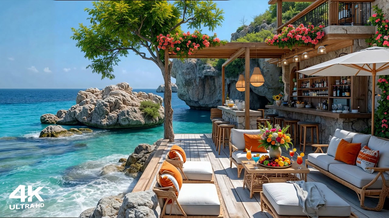 Morning Beach Cafe Ambience with Cheerful Bossa Nova Jazz Music & Ocean Sounds for Stress Relief