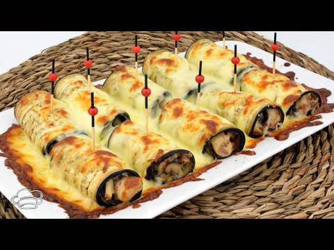 ROLLOS DE BERENJENA gratinados con queso, jamón y setas o champiñones