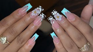 Leopard print frenchies + 3D flowers 🐆🩵✨  | Square Gel-X nails