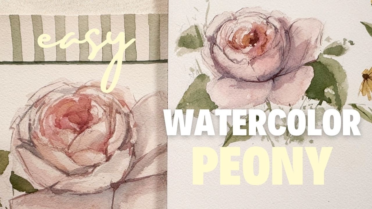 Простая картина с пионами, написанная акварелью.