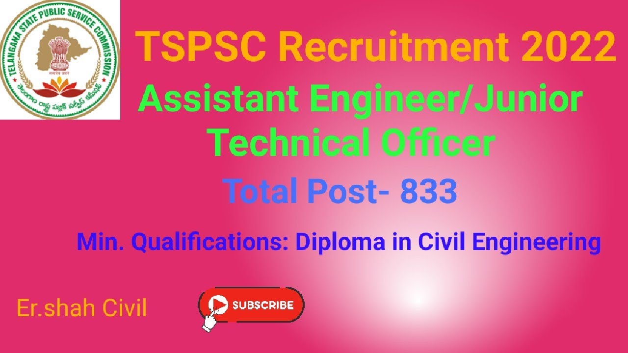 TSPSC Recruitment 2022|Diploma in Civil Engineering| Assistant Engineer- Junior Technical officer