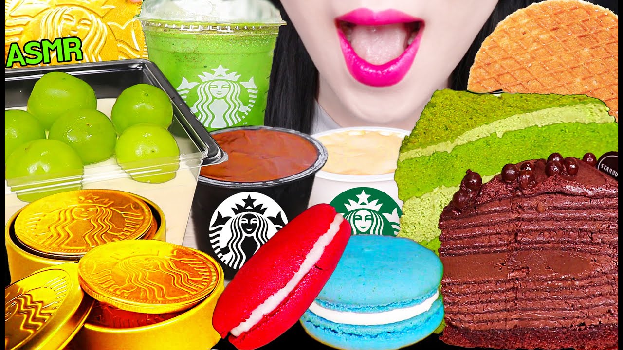 ASMR STARBUCKS DESSERTS *PUDDING, GREEN TEA FRAPPUCCINO, CARAMEL WAFFLE