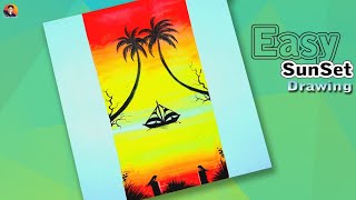 Coconut tree with sunset scenery drawing for simple way | step by step sunset drawing |easy sunset