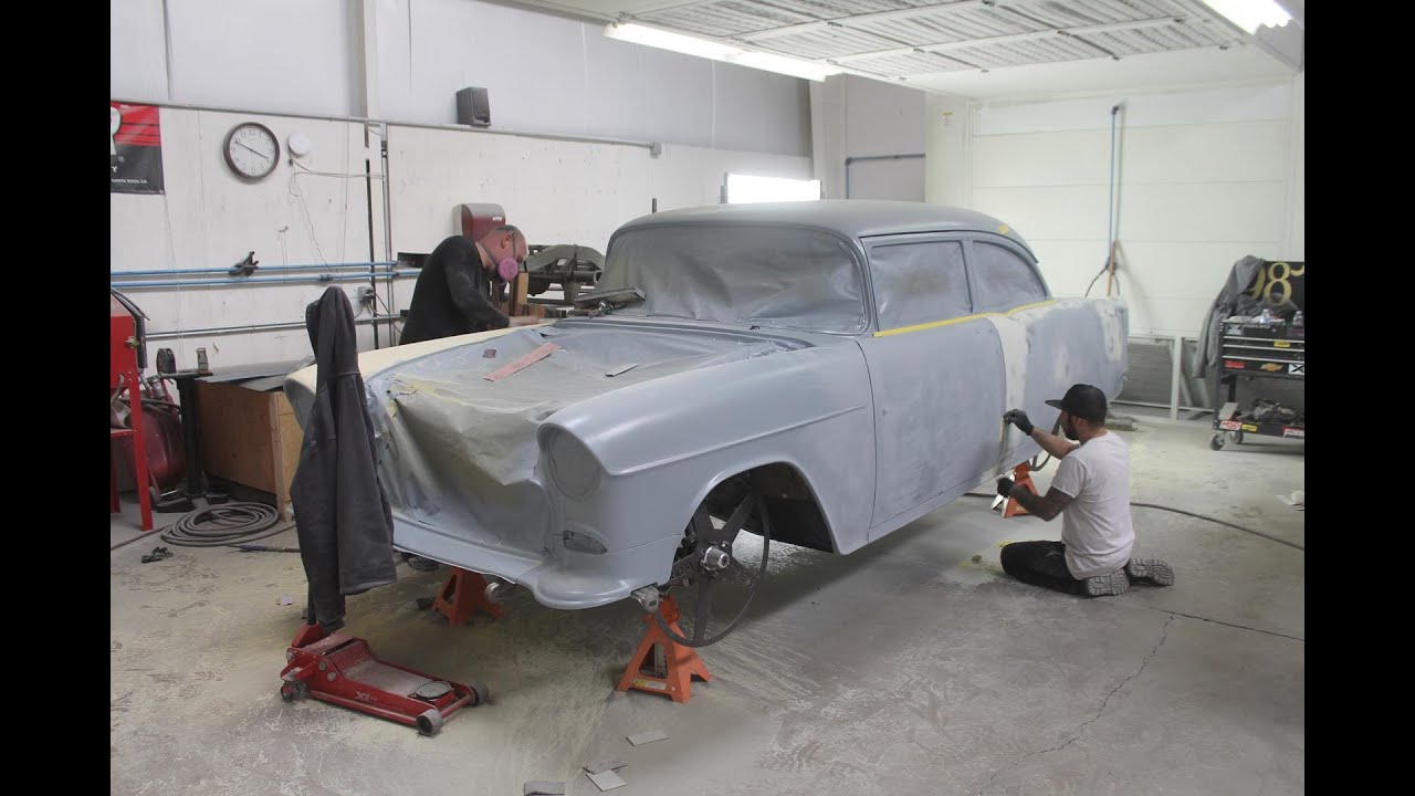 Part 31 of Metalworks 1955 Chevy ProTouring build. Body work from bare metal to ready for primer.