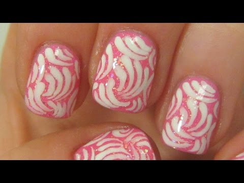 Girly White Abstract Design on Pink Glitter Nail Art Tutorial