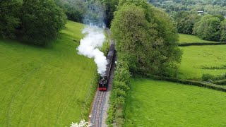 Vale of Rheidol Railway steam train on Route to Devils Bridge from the air.(4K)