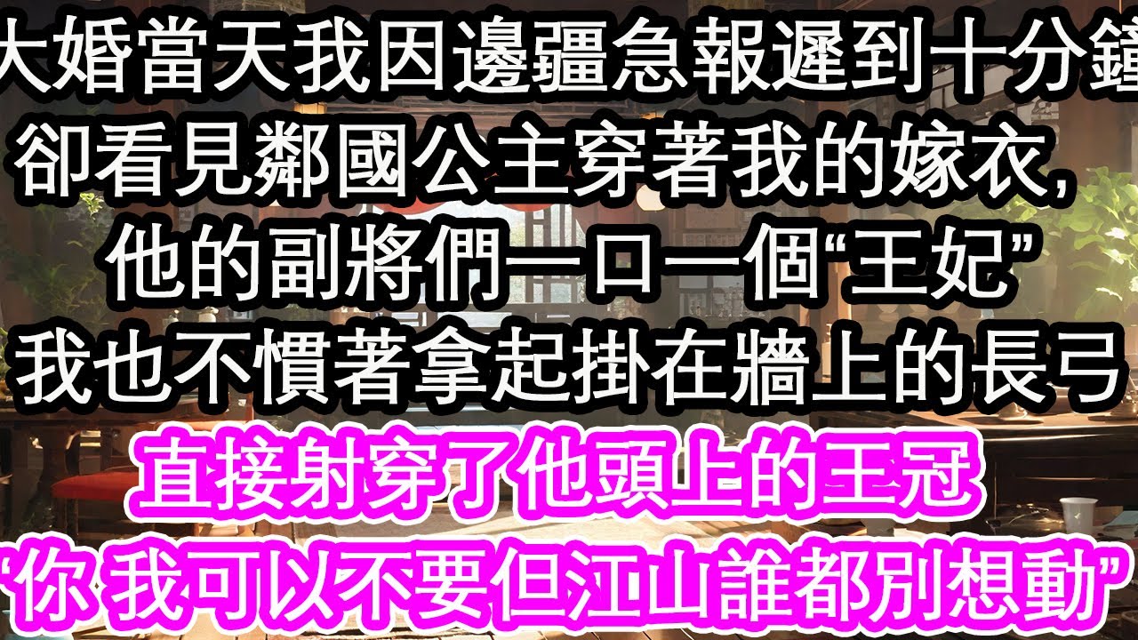 大婚當天我因邊疆急報遲到十分鐘，卻看見鄰國公主穿著我的嫁衣，他的副將們一口一個“王妃”我也不慣著拿起掛在牆上的長弓，直接射穿了他頭上的王冠，“你 我可以不要但江山誰都別想動”【花開】【愛情】【生活】